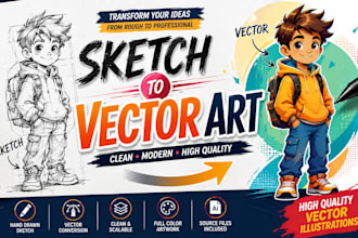 sketch into colorful vector art line art and character sheet