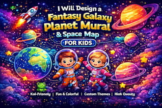 design a fantasy galaxy planet mural space map for kids