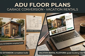 draw modern adu floor plans, garage conversion layouts, vacation rental design