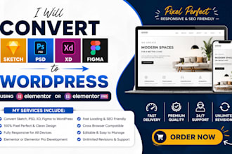 convert PSD design to wordpress website using elementor pro