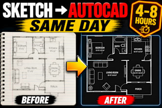 sketch to autocad blueprint 2d floor plan same day delivery