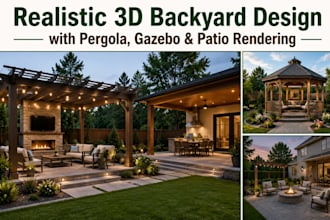 create realistic 3d backyard design with pergola, gazebo patio rendering