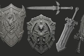 create 3d sword, shield and cosplay weapon, stl for printing