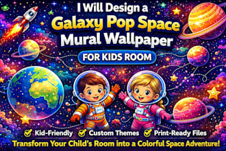 design a galaxy pop space mural wallpaper for kids room