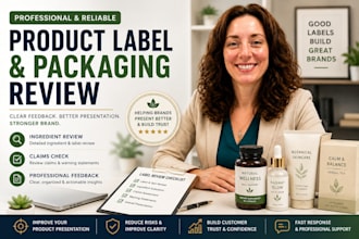 review your product labels, ingredient check and packaging professionally