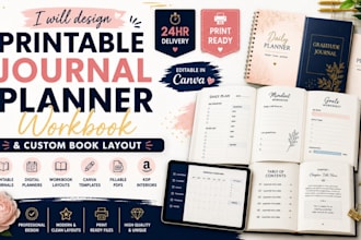 design printable journal planner workbook and custom book layout