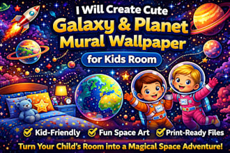 create cute galaxy  and planet mural wallpaper for kids room