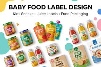 design baby food label, kids snack, juice packaging