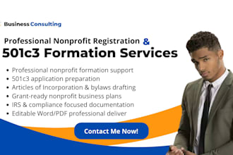 register nonprofit, prepare 501c3 and articles of incorporation