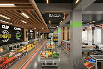 do 3d supermarket interior design, food mart, 3d grocery store, mall, 3d render