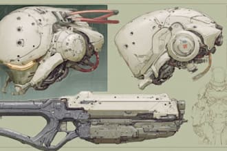 draw mecha helmet, weapon, armor concept