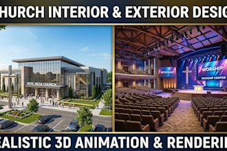 design modern church interior and exterior with realistic 3d animation