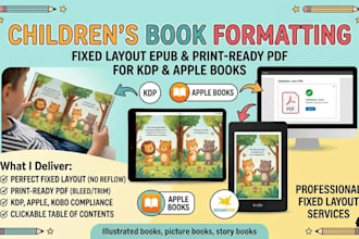 format your childrens picture book, epub, print ready PDF for KDP and apple book