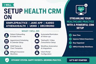 setup health CRM on simplepractice, jane app, kareo athenahealth uemd drchrono