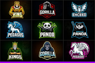 animal esports mascot logo, gorilla, king, panda, pegasus