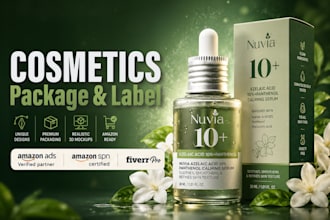 do cosmetics label, skincare box, serum bottle and beauty packaging for amazon