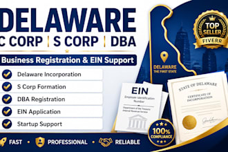 register and incorporate delaware c corp, s corp, llc, dba, obtain ein number
