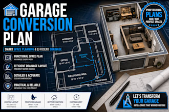 draw garage conversion plan with proper space plan and efficient water drainage