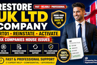 restore reinstate activate UK ltd company, fix companies house issues, file rt01