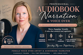 be engaging female audiobook narrator, acx and audible standard, voice over