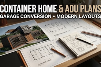draw modern adu floor plans, garage conversion layouts and container home design