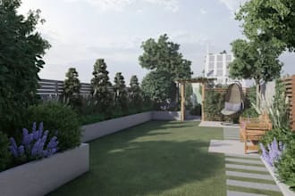 design backyard landscape with pool, garden and realistic 3d rendering