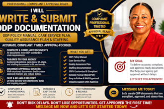 write odp policy manual, care service plan, quality assurance paln and staffing