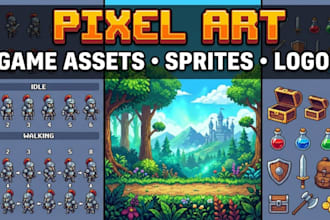 do pixel art game assets character, sprite sheet background and pixel art logo