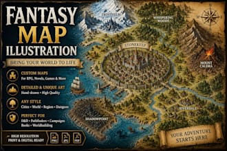 create detailed fantasy map illustration for rpg, novels