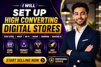 set up high converting stan store, whop, kofi, beacons ai, payhip and gumroad