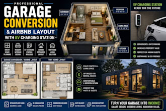 draw garage conversion and airbnb layout with ev charging station and tiny home