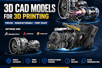 create  3d cad models in solidworks, autocad, or fusion 360 for 3dprinting