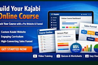 design, upload, build kajabi online course website, sales funnel landing page