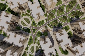 rebuild apartment complex, urban masterplan render, communal layout, arieal view
