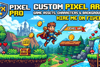 draw pixel art character ,game bacground, game asset pixel logo