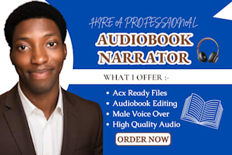 narrate, edit your fiction novel audiobook with male american voiceover for acx