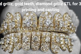 design custom 3d geillz, gold teeth, diamond grillz stl for 3d printing and cast