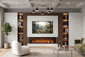 design a modern custom TV wall, media wall with fire place in 3d rendering