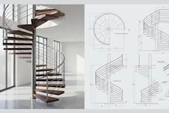design detailed staircase, handrail, wooden, metal, spiral stair in 3d render