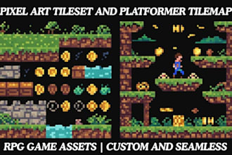 create 2d pixel art top down platformer tileset, rpg tilemap, indie game assets