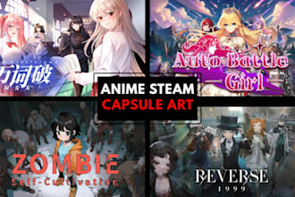 draw anime steam header capsule art and game logo for visual novels or rpg games