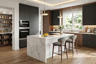 design kitchen interior, remodelling, cabinet, pantry, livingroom in 3d render