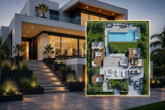 design modern luxury villa, floor plans, and architectural renders