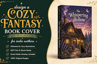 design a cozy fantasy book cover with illustrated style for indie authors
