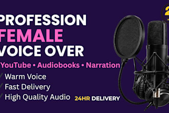 record clear american female voice over for narration, ads, and audiobooks