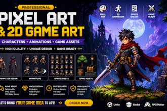 create indie game characters, pixel art and animations