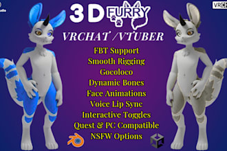 do 3d vrchat avatar, vrc avatar, furry avatar 3d model for vseeface