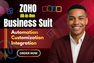 setup zoho CRM, zoho invoice, zoho commerce zoho inventory, sites, forms, bigin