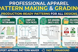 do professional digital pattern making, grading, marker and tech packs