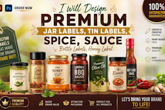 design premium jar labels, tin labels, spice, sauce bottle labels, honey label